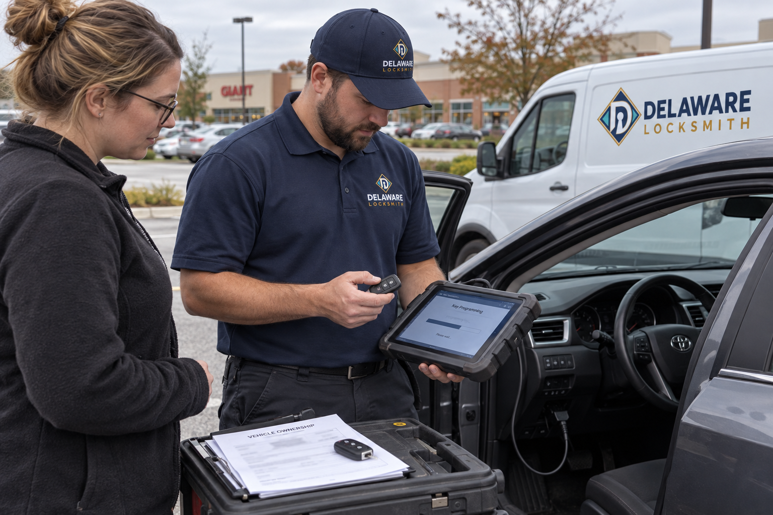 Delaware Locksmith technician programming a vehicle key while the customer reviews ownership documents
