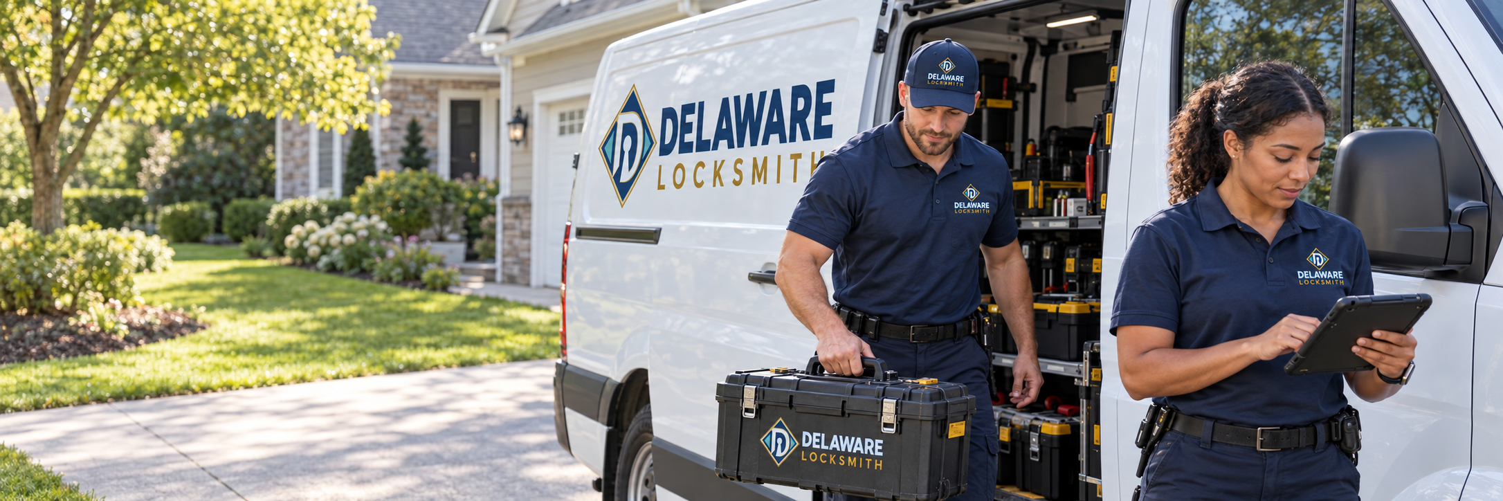 Delaware Locksmith technicians unloading organized tools from a branded service van at a Delaware home