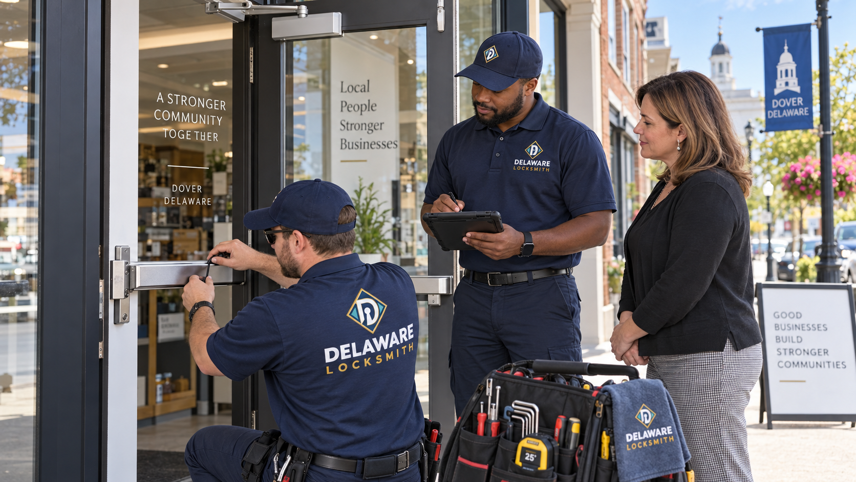 Delaware Locksmith technicians servicing commercial door hardware with an authorized manager in Dover