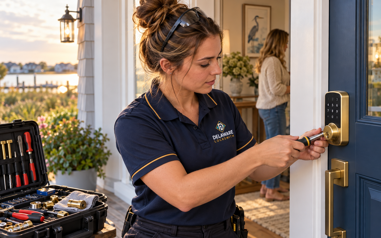 Delaware Locksmith technician reviewing smart lock installation details with a homeowner in Lewes
