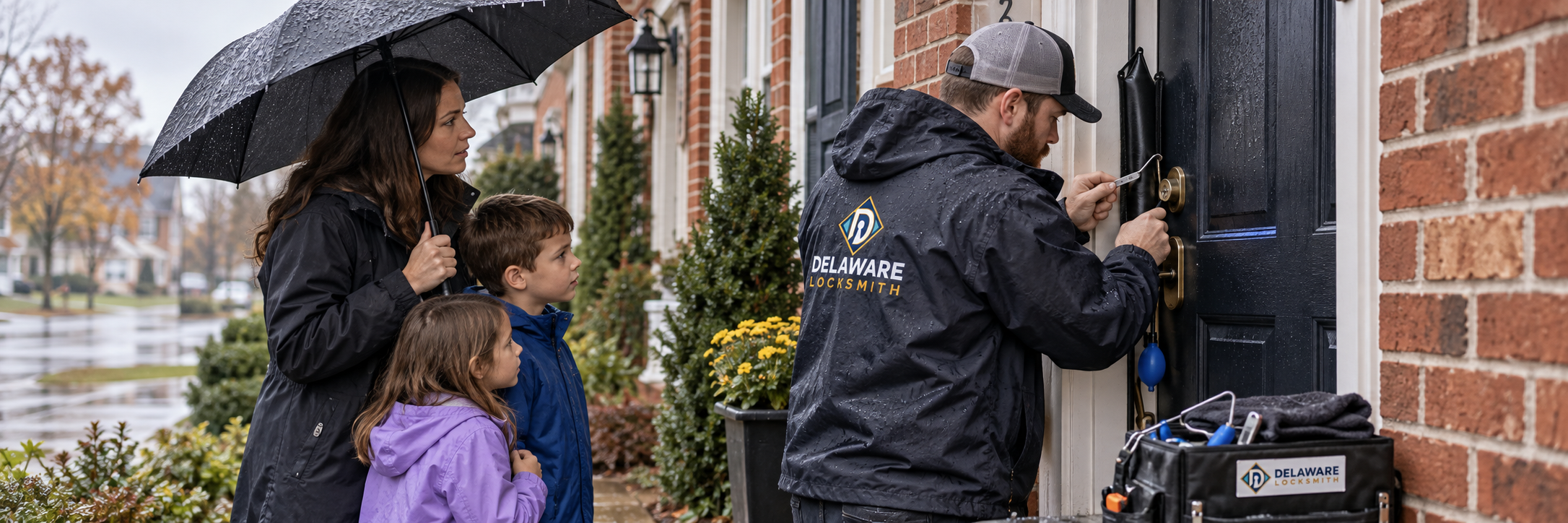 Delaware Locksmith technician assisting a family with an authorized home lockout in Middletown
