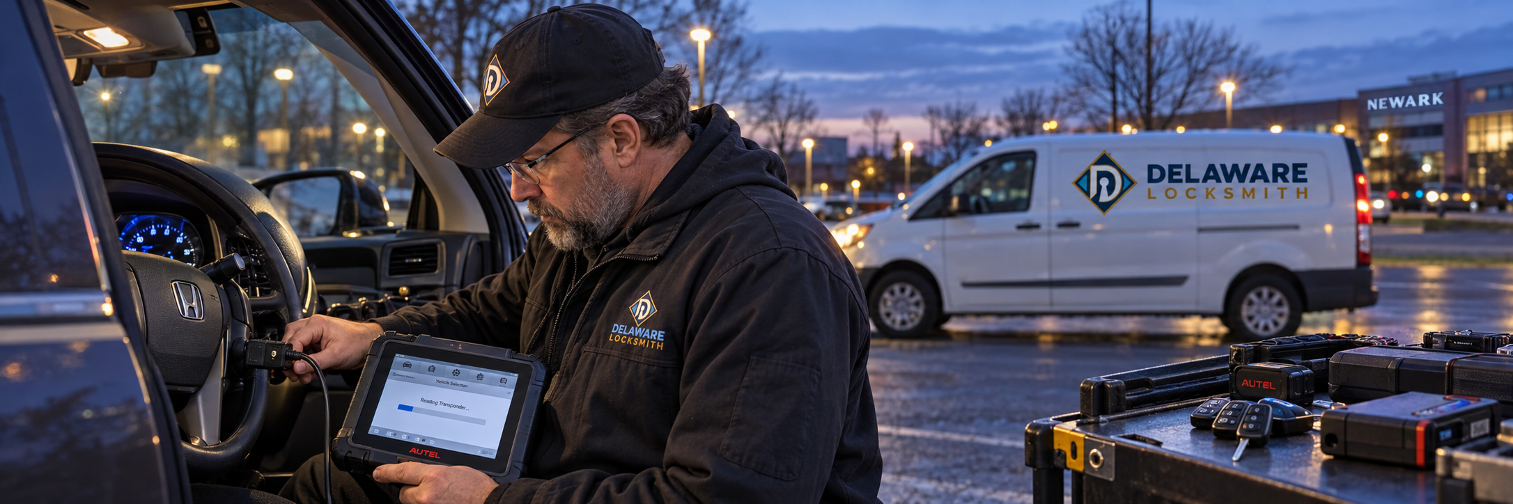Delaware Locksmith technician diagnosing a vehicle key system in Newark