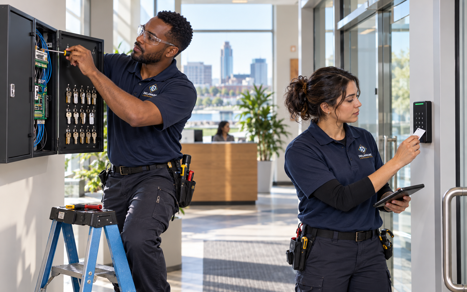 Delaware Locksmith technicians configuring access control in a commercial lobby