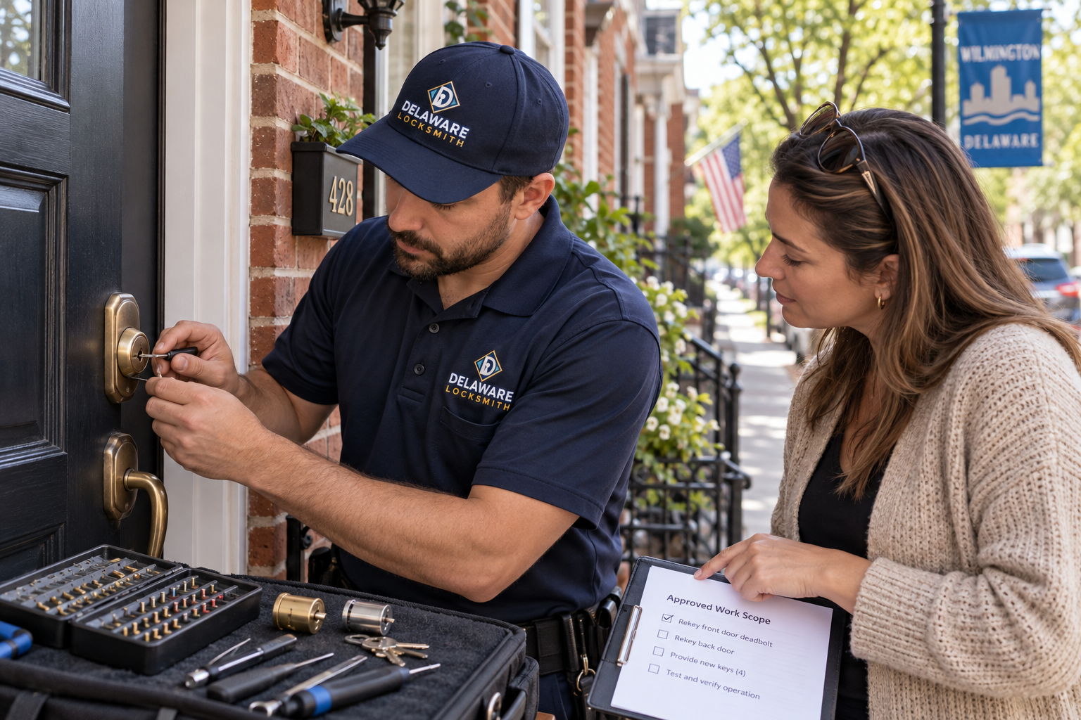 Delaware Locksmith technician rekeying a deadbolt at a Wilmington rowhome while the homeowner reviews the work scope